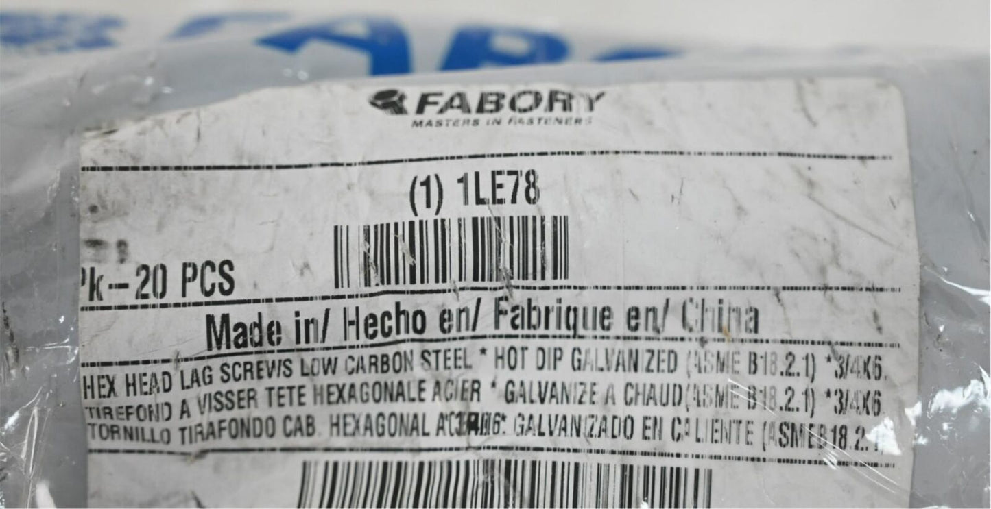 Fabory U08450.075.0600 Hex Head Lag Screw, Steel, PK 20