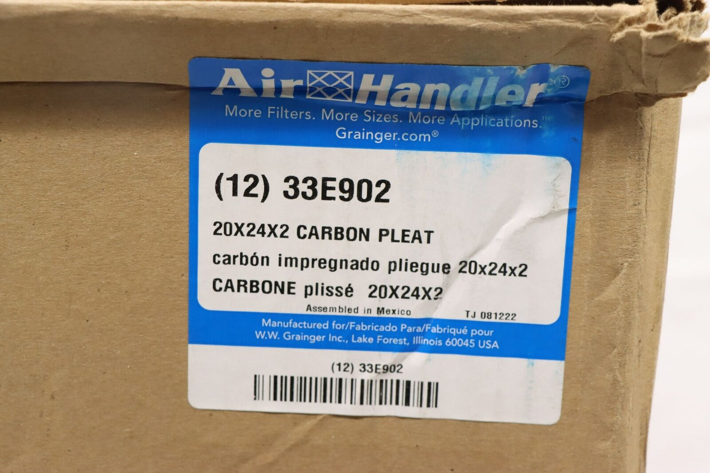 Air Handler 33E902 Odor Removal Pleated Air Filter 20" Ht x 24" Wd x 2" Dp, PK12