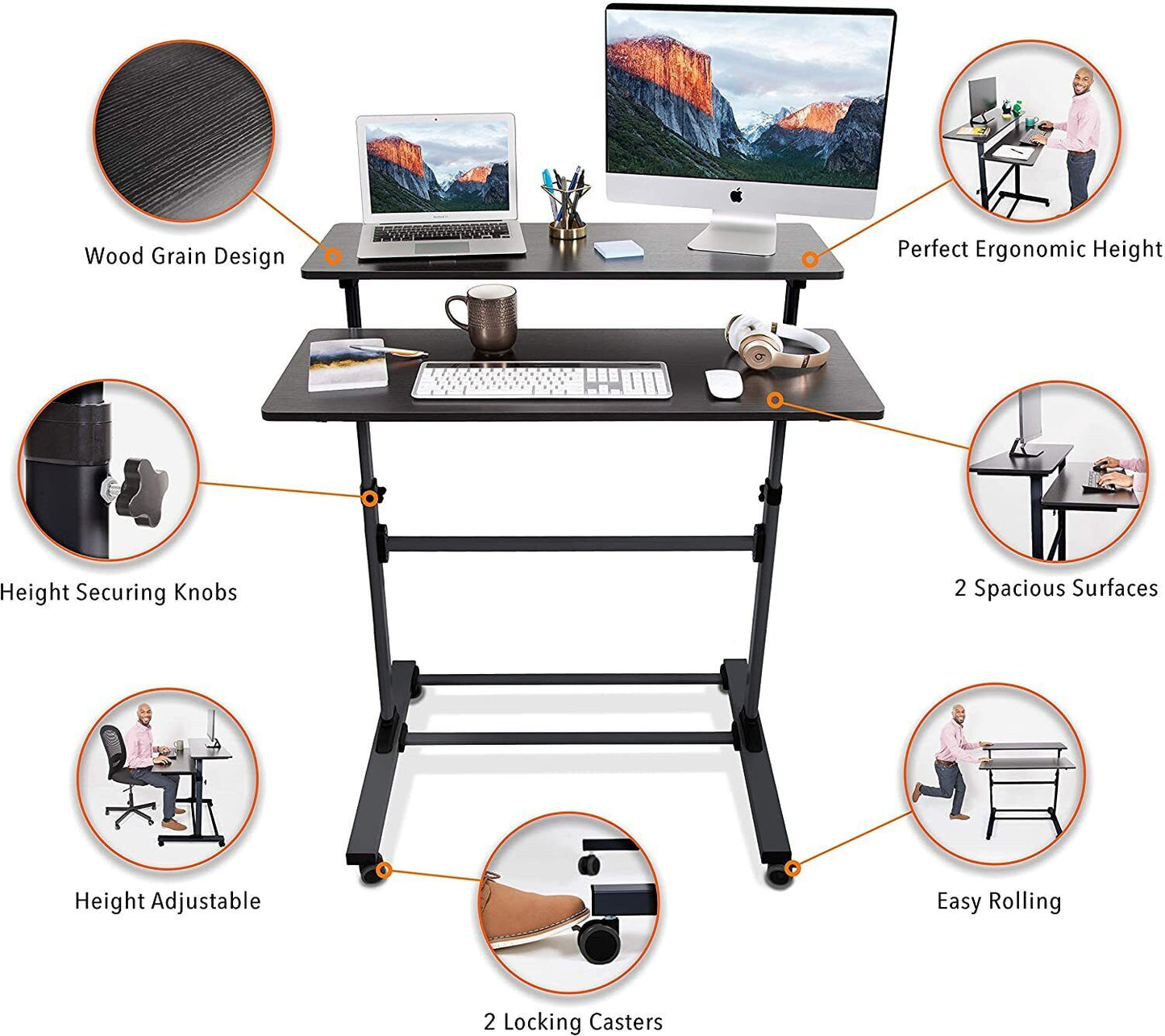 Adjustable Mobile Standing Desk on Wheels, Two Level Portable Workstation, Black