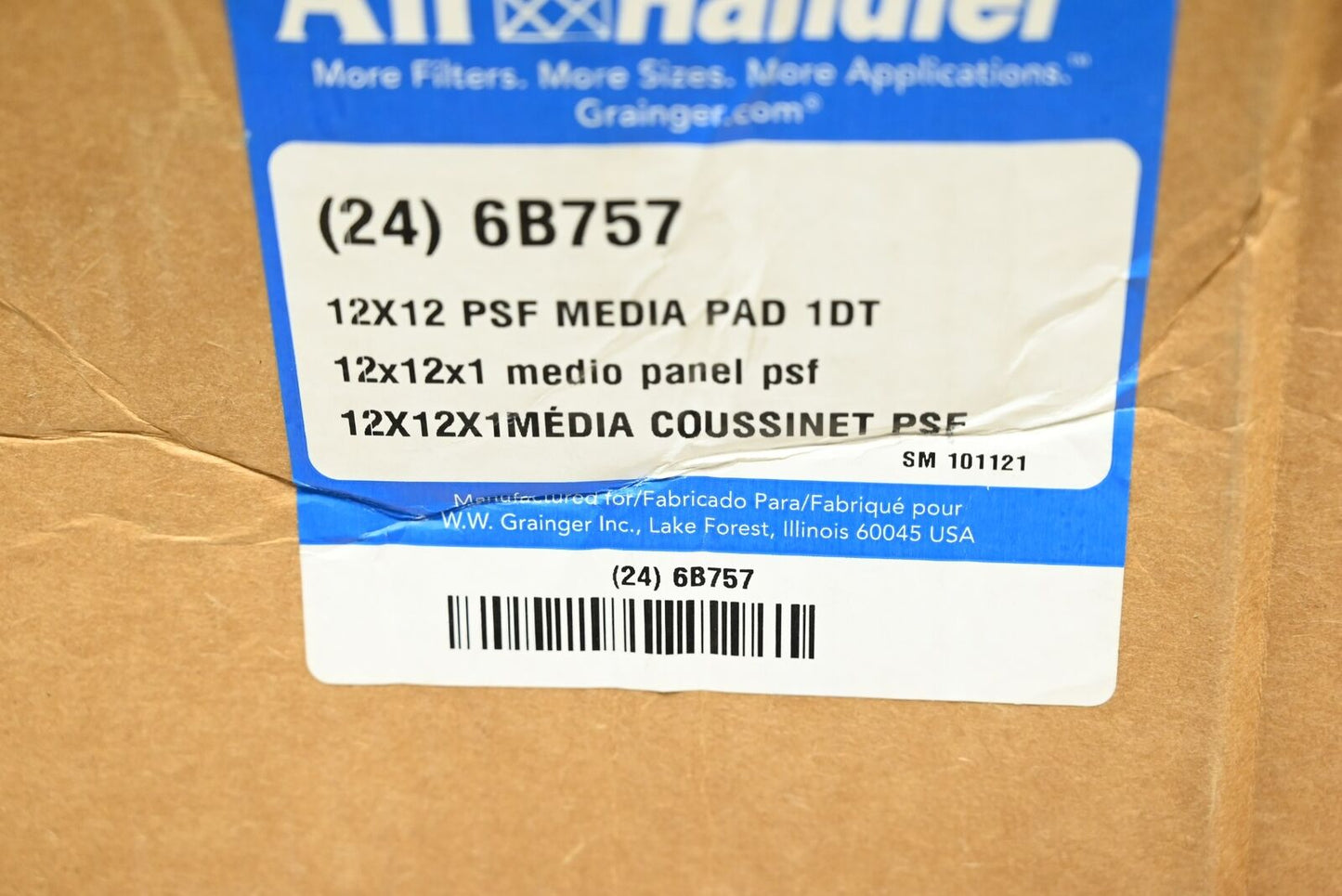 Air Handler 6B757 Air Filter Pad, 12" Ht x 12" Wd x 1" Thickness