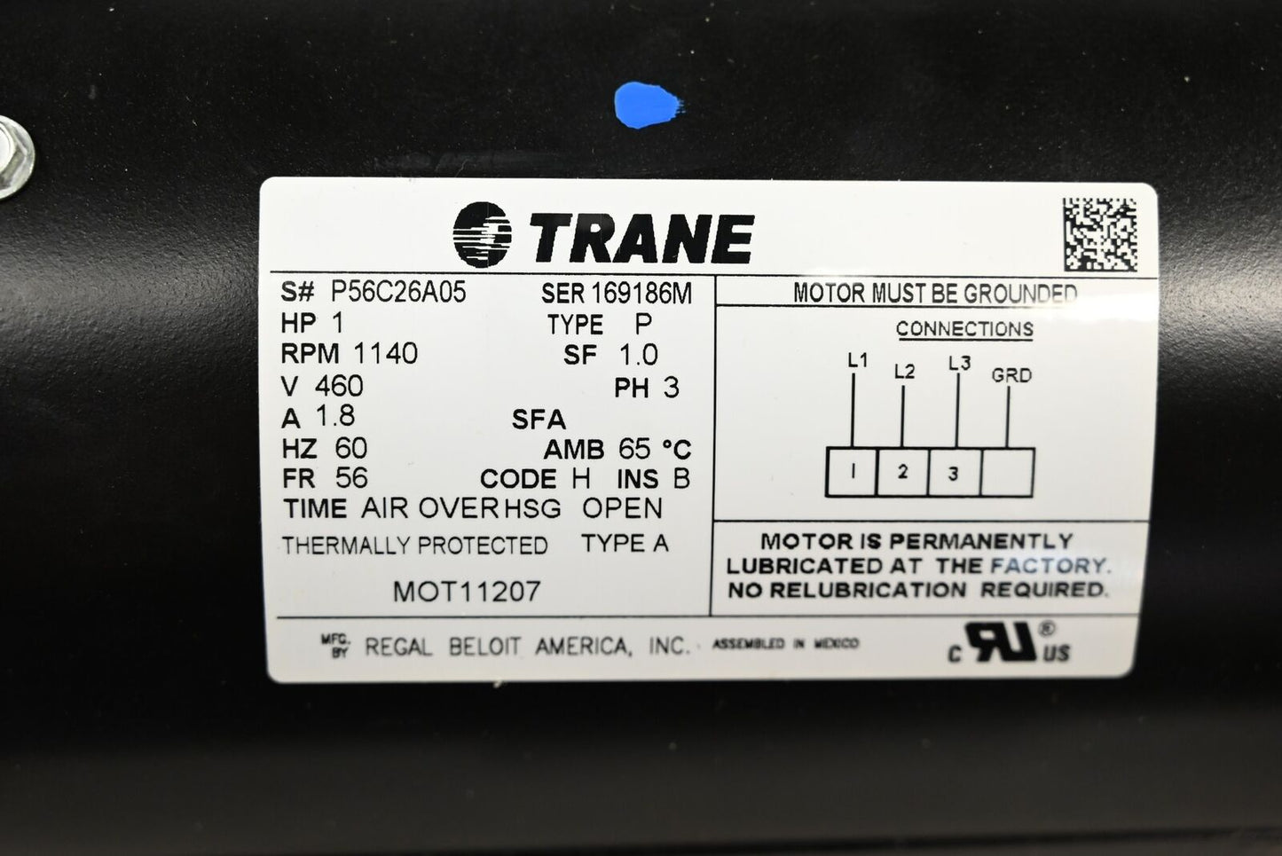 Trane MOT11207 Motor, 1 Hp, 460/60/3, 56 Frame, Belly B