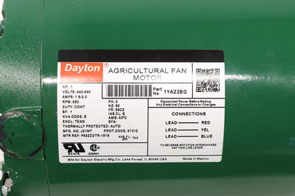 DAYTON Agricultural Fan Motor: 1, 850 Nameplate RPM, 460V AC, 56CZ,( Damaged)