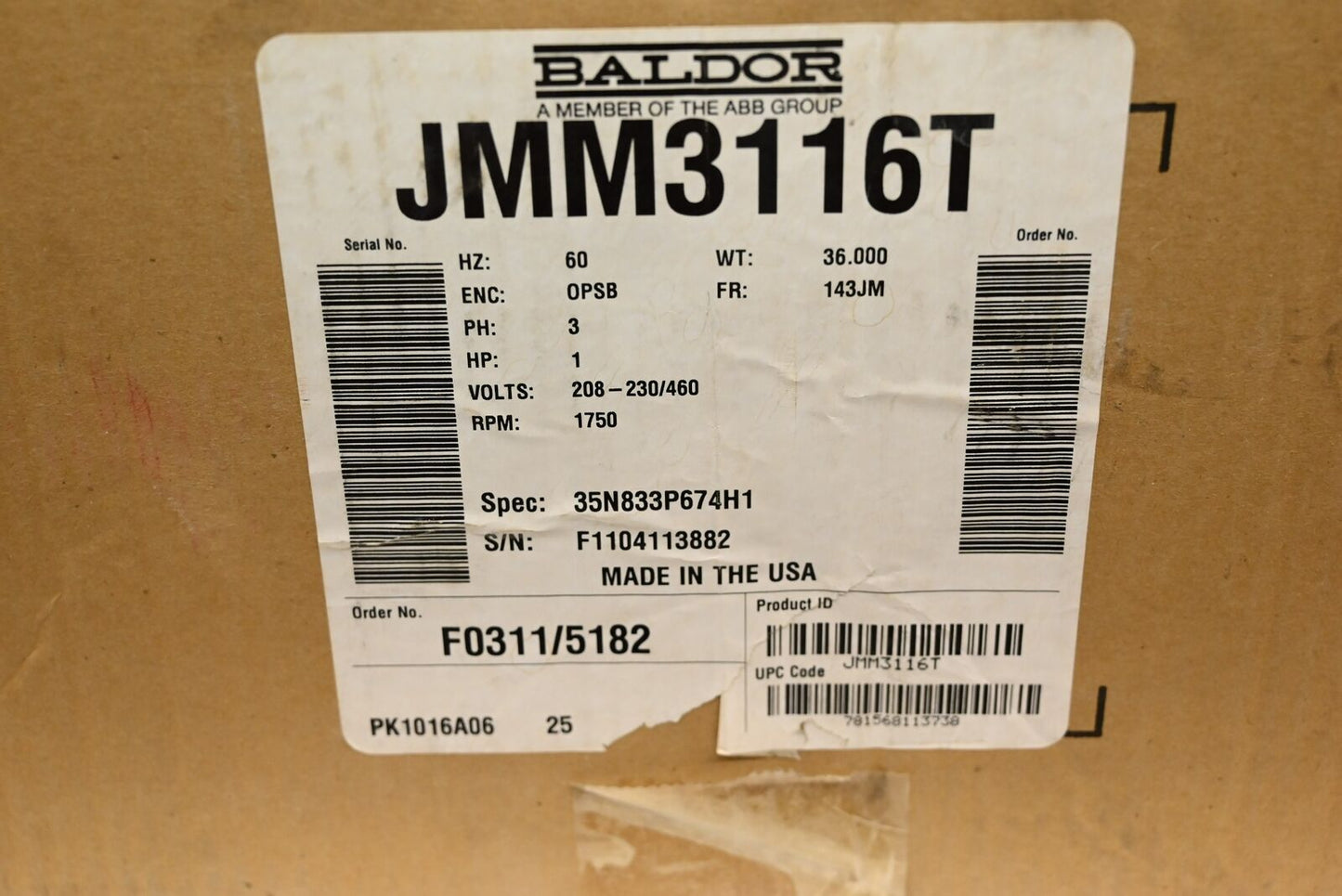 Baldor JMM3116T Foot Mounted, Close-Coupled Pump Motor, 60 Hz