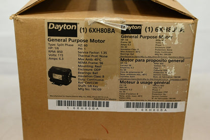 Dayton 6XH80 General Purpose Motor, Single Phase, HP 1/6