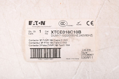 Eaton - Cutler Hammer XTCE018C10B Contactor, 3 Pole, 18 Amp, Frame C, 1No Aux,24