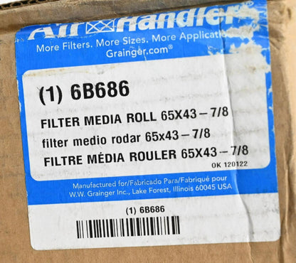 Air Handler 6B686 Air Filter Media Roll, 44 in Ht x 65 ft Wd x 1 in Thickness