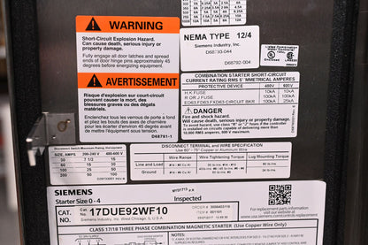 Siemens 17DUE92WF10 Starter,Combo SZ1,10-40Amps,N4X,120V