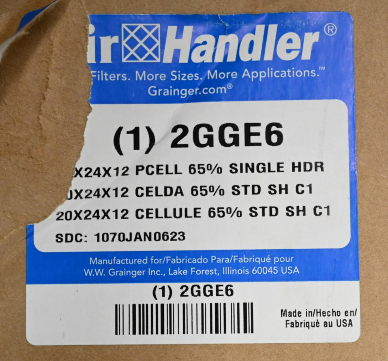 Air Handler 2GGE6 Cartridge Air Filter, 20" Ht x 24" Wd x 12" Dp Nominal Size