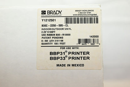 Brady B30C-2250-595-CL Indoor/Outdoor Vinyl Label tape, 2.25" x 100 ft