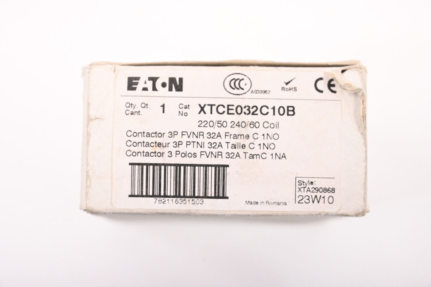 Eaton - Cutler Hammer XTCE032C10B Contactor, 3 Pole, Fnvr, 32A, C-Frame, 220V