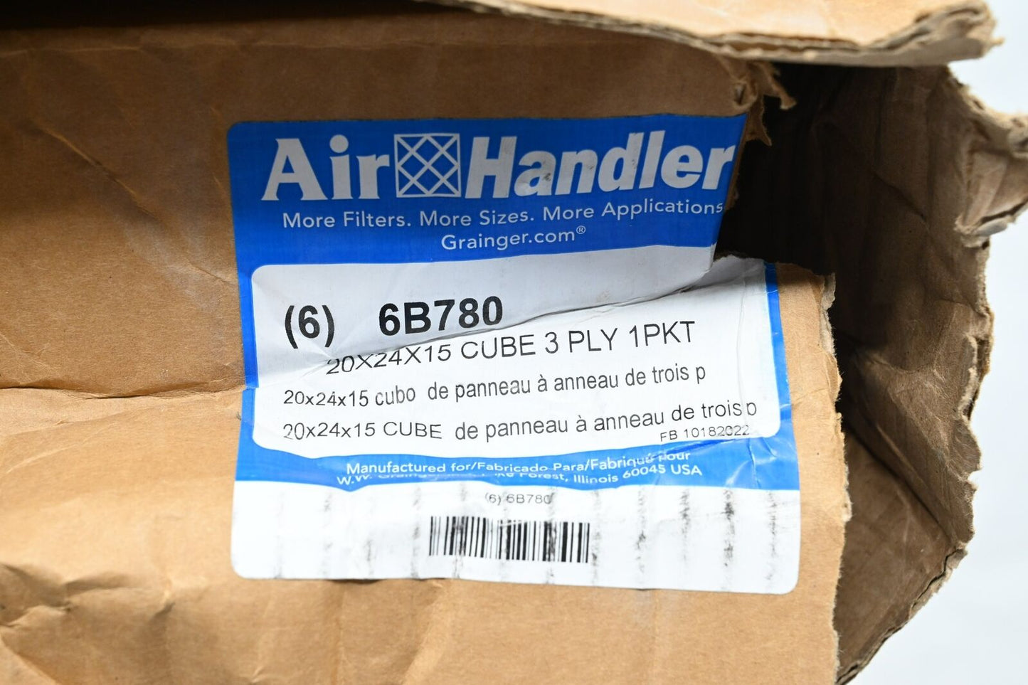 Air Handler 6B780 Cube Air Filter, 20" Ht x 24" Wd x 15" Dp, PK 6