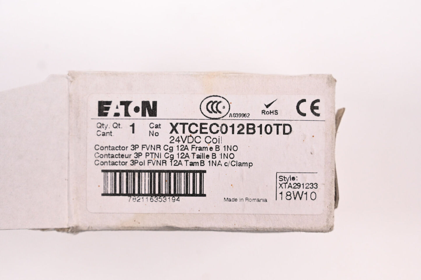 Eaton XTCEC012B10TD NEMA and IEC Contactors Non-Reversing 3P 10A 24VDC EA