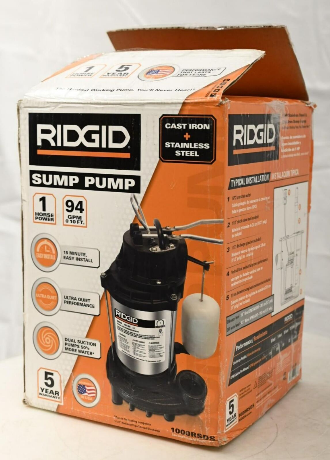 RIDGID 70076-RHD1 1 HP Stainless Steel Dual Suction Sump Pump