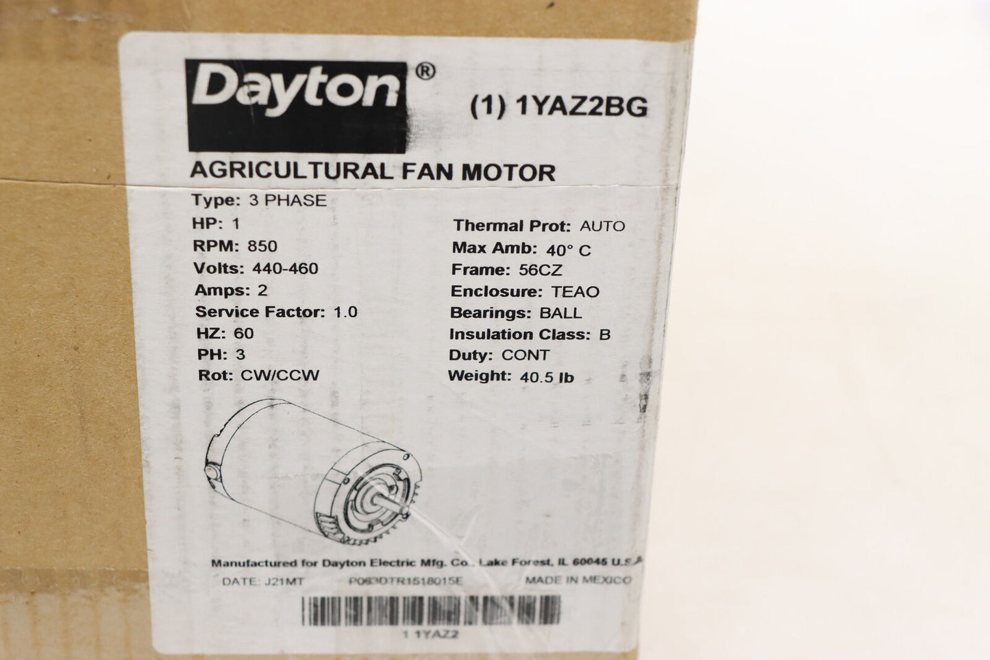 DAYTON Agricultural Fan Motor: 1, 850 Nameplate RPM, 460V AC, 56CZ,( Damaged)