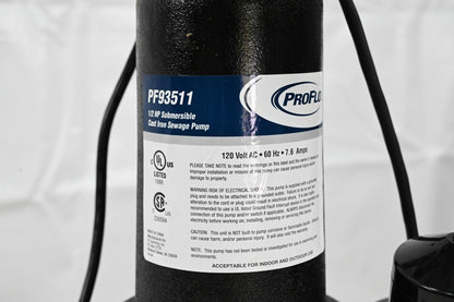 ProFlo PF93511 Cast Iron Sewage Pump, 1/2 Horsepower