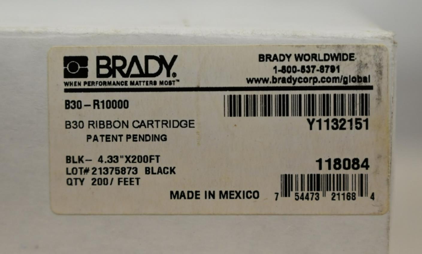 Brady B30-R10000 Label Printer Ribbon Cartridge, 4.33" x 200 ft, Black