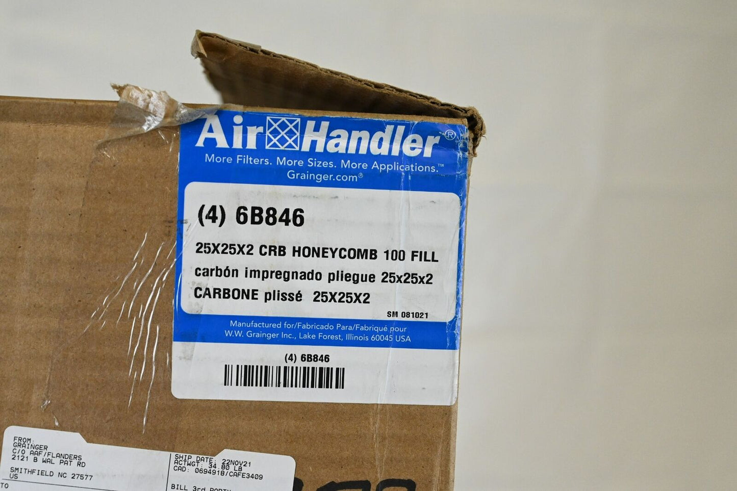 AIR HANDLER 6B846 Odor Removal Non-Pleated Air Filter, Active Carbon, Pack 4