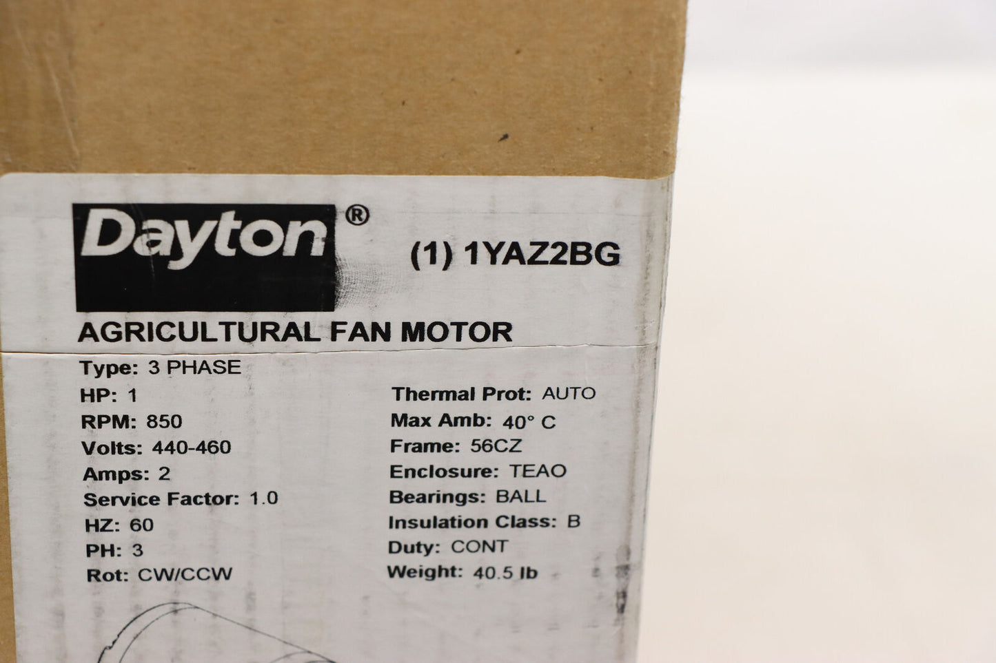 DAYTON Agricultural Fan Motor: 1, 850 Nameplate RPM, 460V AC, 56CZ,( Damaged)