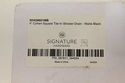 Signature Hardware SH439021MB 4" Cohen Square Tile-In Shower Drain, Matte Black